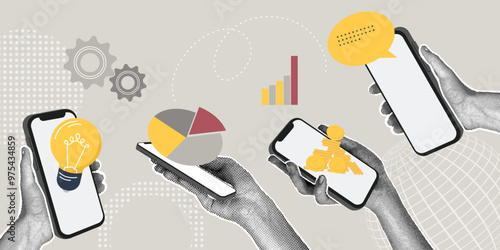Modern halftone collage. Concept of mobile apps, teamwork, sales growth, business growth, production growth,analytics. Business creative illustration for web banner, marketing material, business