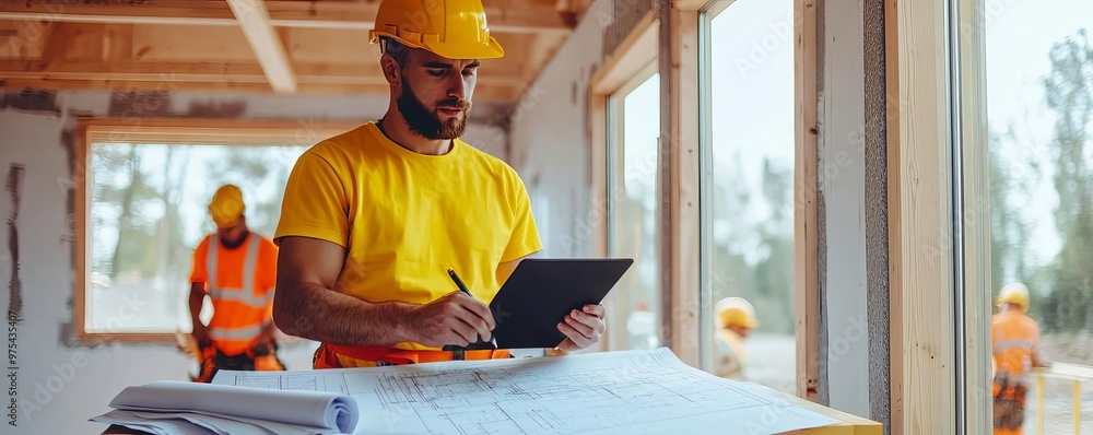Civil engineer in a construction office trailer with blueprints spread out