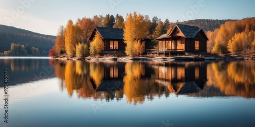 Autumn cabin on the lake water reflection. photo