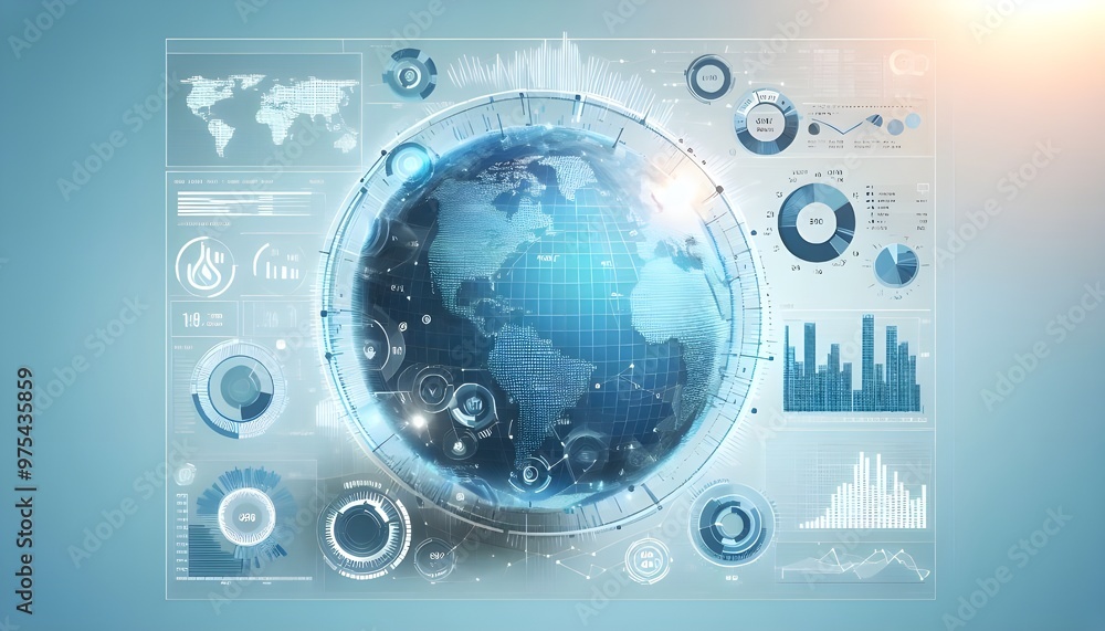 A digital infographic with a globe, graphs, and statistical data representing global financial trends, displayed on a light blue and white background, symbolizing analytics A digital infographic with a globe, graphs, and statistical data representing global financial trends, displayed on a light blue and white background, symbolizing analytics