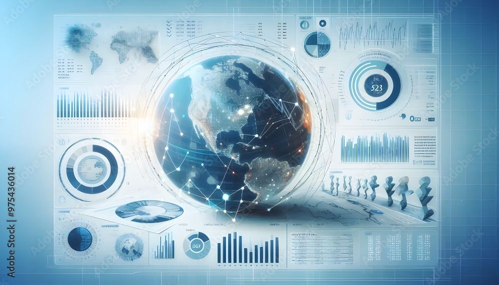 Fototapeta premium A digital infographic with a globe, graphs, and statistical data representing global financial trends, displayed on a light blue and white background, symbolizing analytics
