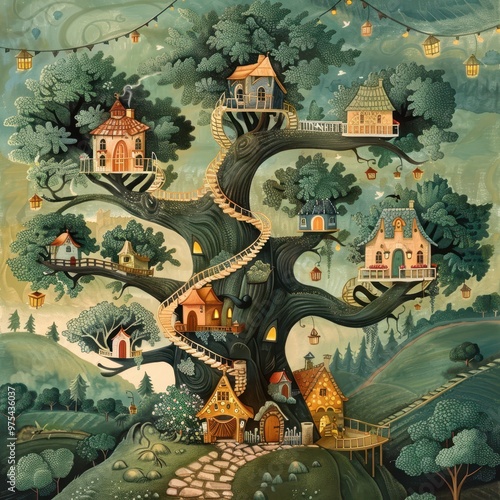 An enchanting tree with whimsical houses, creating a magical environment full of charm and wonder.