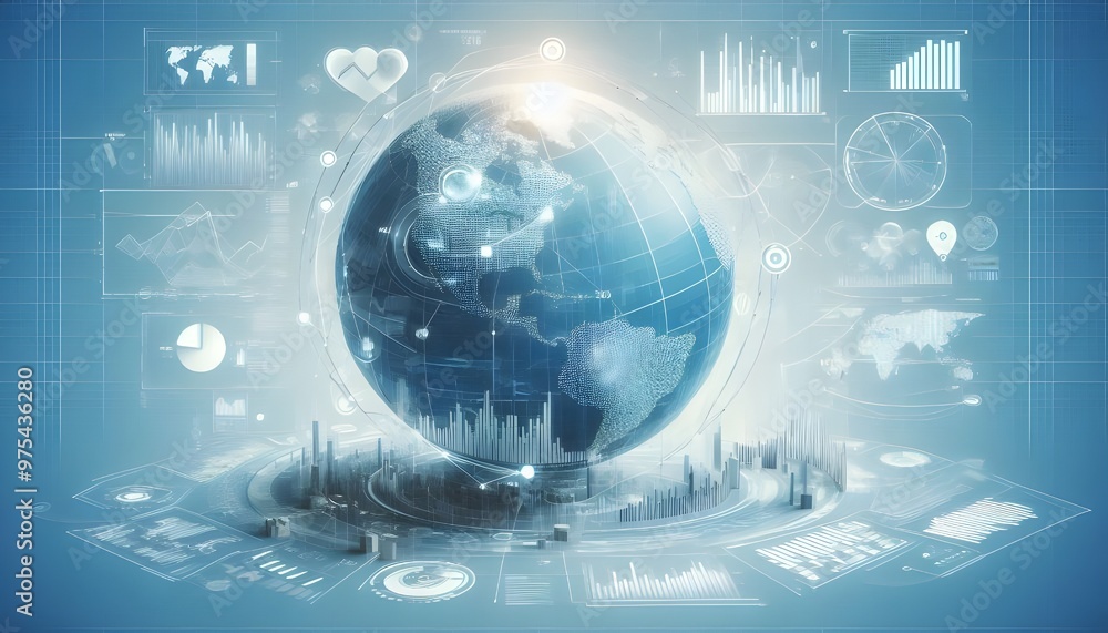 A digital infographic with a globe, graphs, and statistical data representing global financial trends, displayed on a light blue and white background, symbolizing analytics A digital infographic with a globe, graphs, and statistical data representing global financial trends, displayed on a light blue and white background, symbolizing analytics