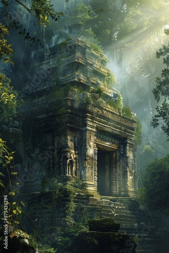 Ancient temple hidden in a lush jungle, bathed in soft sunlight, exuding mystery and tranquility.