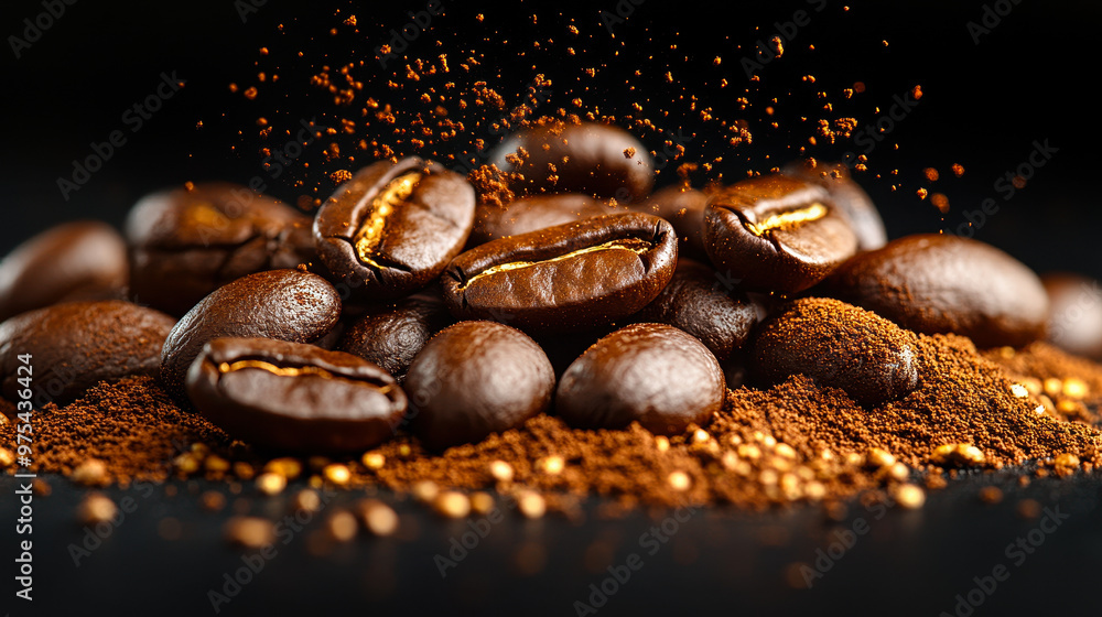 Roasted Coffee Beans on Black Background with Sprinkled Coffee Grounds - High-Quality Close-Up Image Roasted Coffee Beans on Black Background with Sprinkled Coffee Grounds - High-Quality Close-Up Image