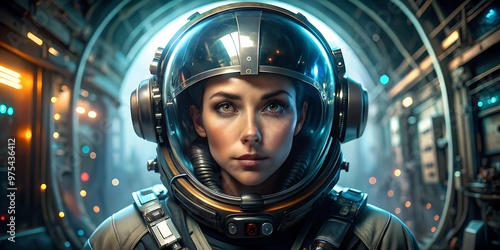 woman wearing pilot helmet futuristic 3d look sci-fi