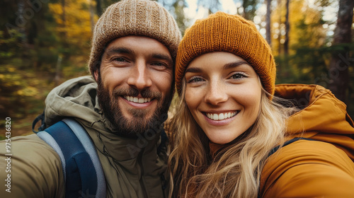 Smiling Romantic Couple Taking Selfie During Autumn Hike in Forest, Exploring Nature Together, Wanderlust Adventure, Fall Season Love and Happiness