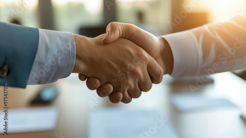 Create a close-up image of two professionals shaking hands in a modern office, symbolizing a successful business deal or partnership, with warm sunlight casting a glow in the background.