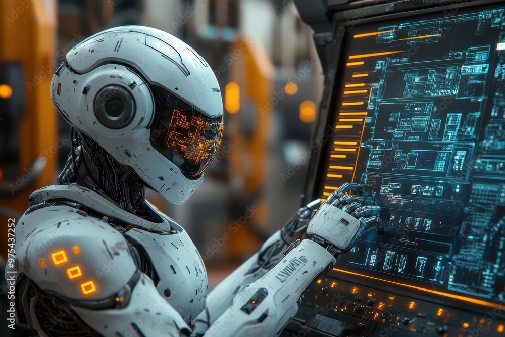 advanced robotic assembly line human technician interfacing with holographic controls futuristic factory interior glowing circuitry sleek machinery in motion advanced robotic assembly line human technician interfacing with holographic controls futuristic factory interior glowing circuitry sleek machinery in motion