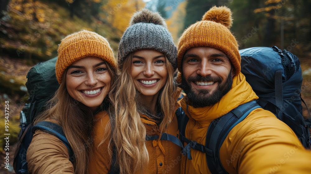 Happy Friends Enjoying Autumn Hike in Forest, Smiling Group Selfie Outdoors in Colorful Fall Setting, Young Adults Backpacking Adventure Happy Friends Enjoying Autumn Hike in Forest, Smiling Group Selfie Outdoors in Colorful Fall Setting, Young Adults Backpacking Adventure