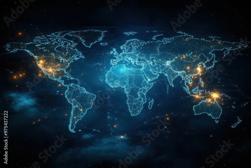 abstract world map composed of glowing blue digital connections on a dark background illuminated nodes represent major cities showcasing global networks and data flow in a futuristic style