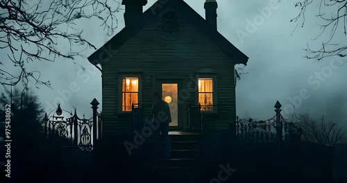 Zooming in to halloween haunted house front door in the forest