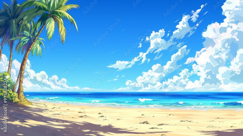 Obraz premium Tropical Paradise: Cartoon Sandy Beach with Palm Trees and Blue Sky Vector Illustration