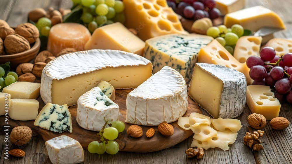 Cheese slices and grapes served on a wooden board Mediterranean food delicatessen Traditional dairy appetizer Healthy dinner lunch Kitchen ingredients Nuts assortment Homemade Breakfast portion Cheese slices and grapes served on a wooden board Mediterranean food delicatessen Traditional dairy appetizer Healthy dinner lunch Kitchen ingredients Nuts assortment Homemade Breakfast portion