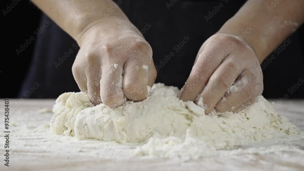 Female Hands Of Baker Kneading Dough In Flour On Wooden Board Female Hands Of Baker Kneading Dough In Flour On Wooden Board