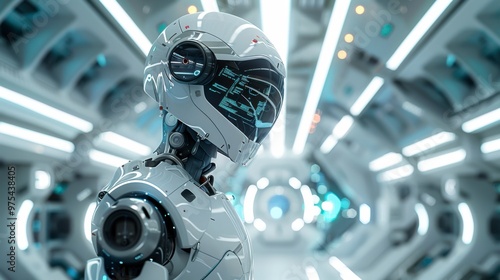 Fototapeta Naklejka Na Ścianę i Meble -  Futuristic Robot in High-Tech Space Corridor