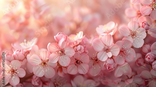 A delicate background of soft pink cherry blossoms in bloom under the warm glow of sunlight.