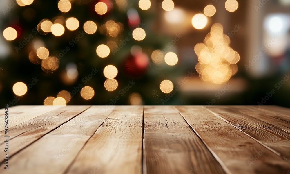 Empty table in front of christmas tree with decorations background. For product display montage Empty table in front of christmas tree with decorations background. For product display montage
