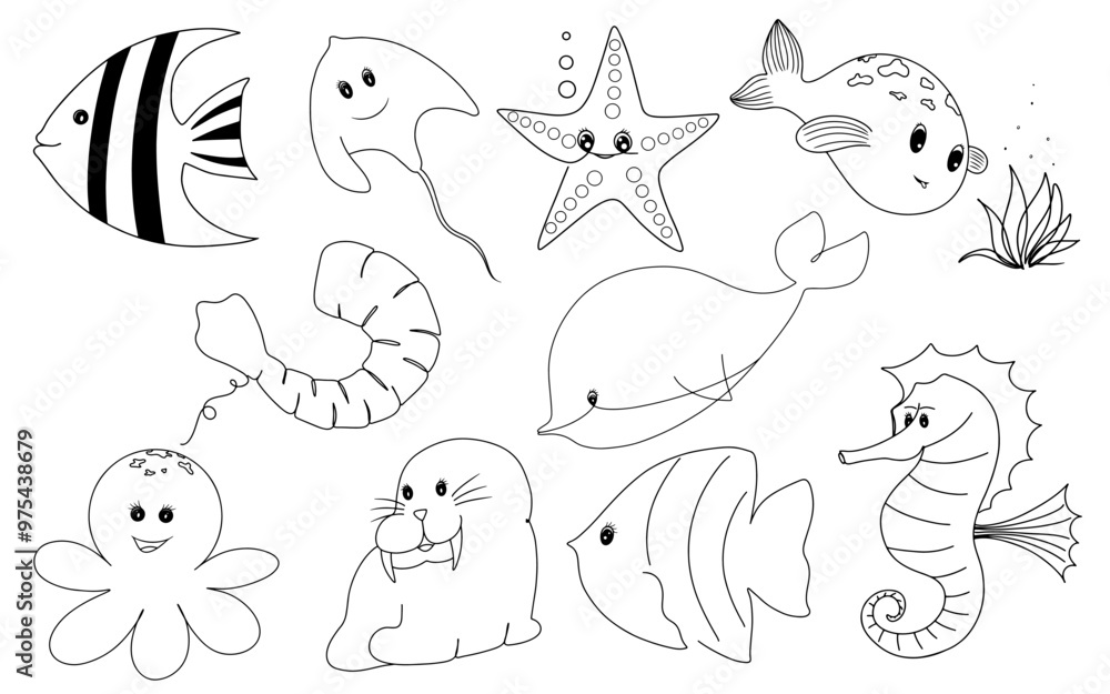 Hand Drawing line art of underwater life with Whales, fish, shrimp, shellfish, rays, starfish, sea lions, squid Hand Drawing line art of underwater life with Whales, fish, shrimp, shellfish, rays, starfish, sea lions, squid