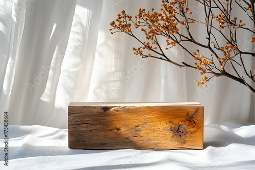 Natural round wooden stand for presentation and exhibitions on white background with shadow.