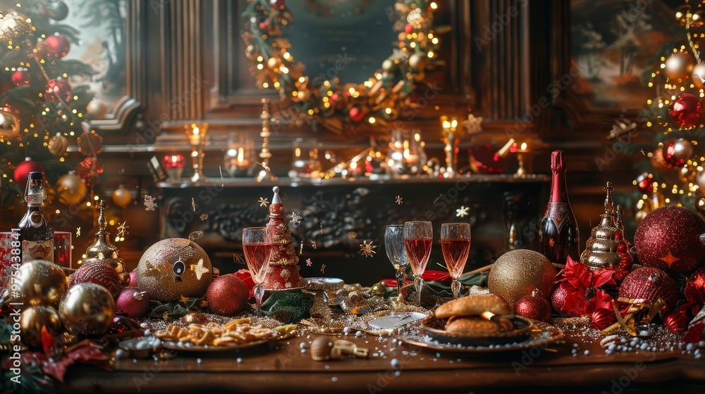 A festive Christmas table setting with candles, wine, and decorations. The table is adorned with red and gold ornaments and a Christmas tree. A festive Christmas table setting with candles, wine, and decorations. The table is adorned with red and gold ornaments and a Christmas tree.