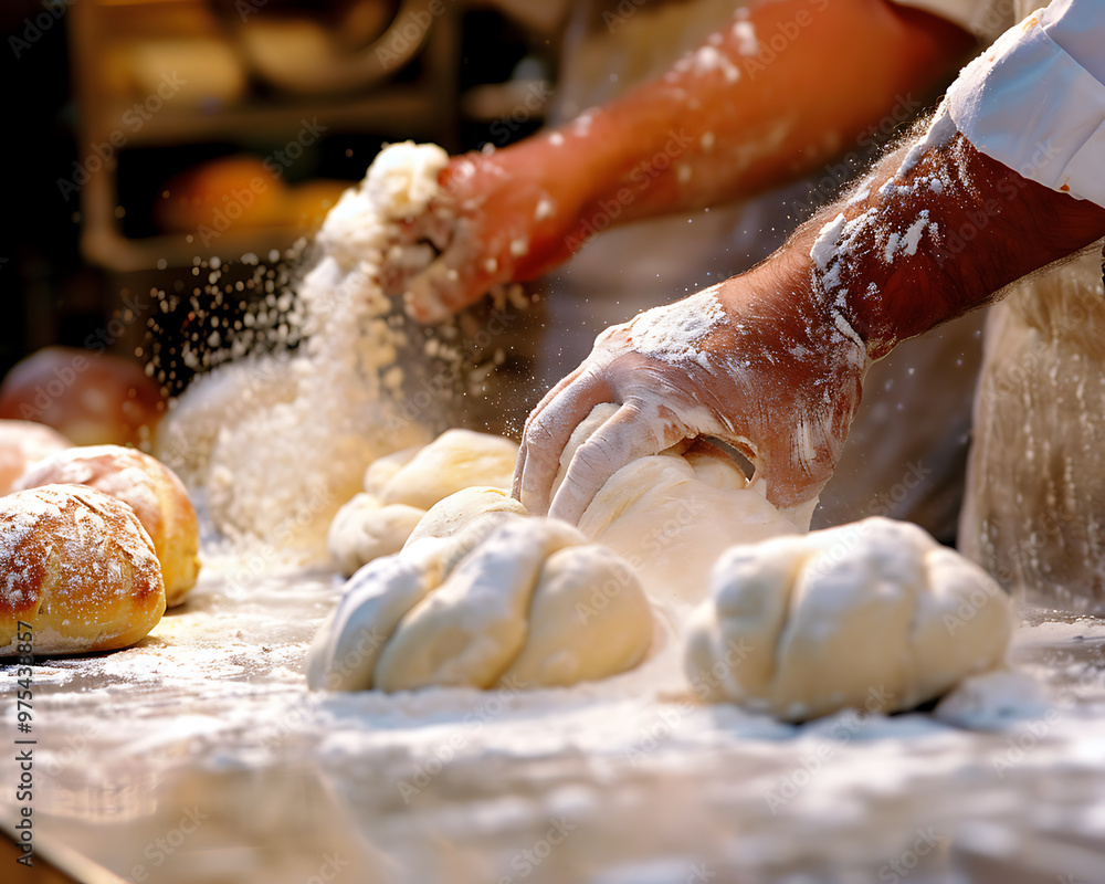 Artisan Bakers Kneading Dough and Shaping Bread in Flour-Dusted Bakery Kitchen Artisan Bakers Kneading Dough and Shaping Bread in Flour-Dusted Bakery Kitchen