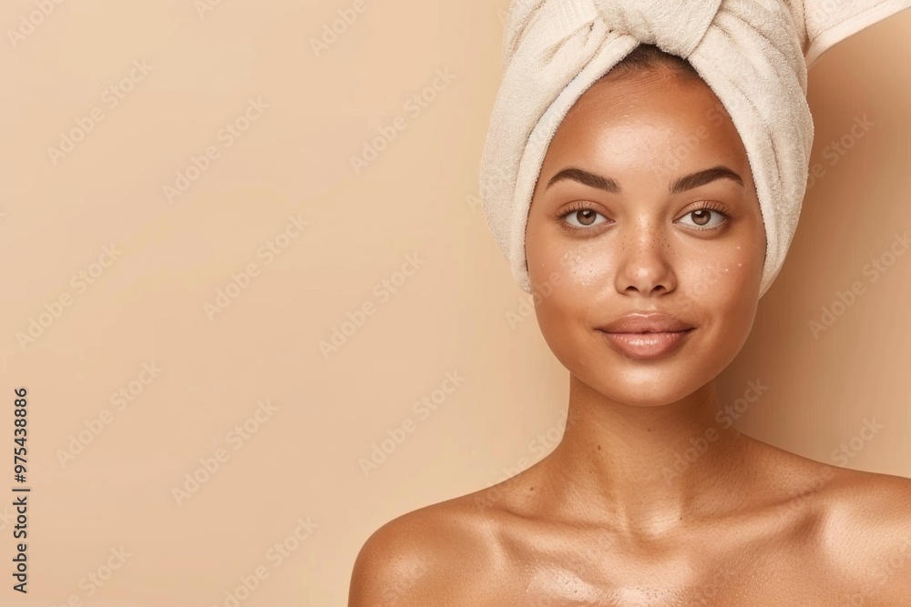 Radiant Beauty with Flawless Skin and Towel on Beige Background Radiant Beauty with Flawless Skin and Towel on Beige Background