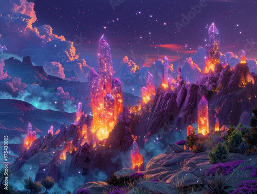 A fantasy landscape with glowing crystals and mountains under a starry night sky.