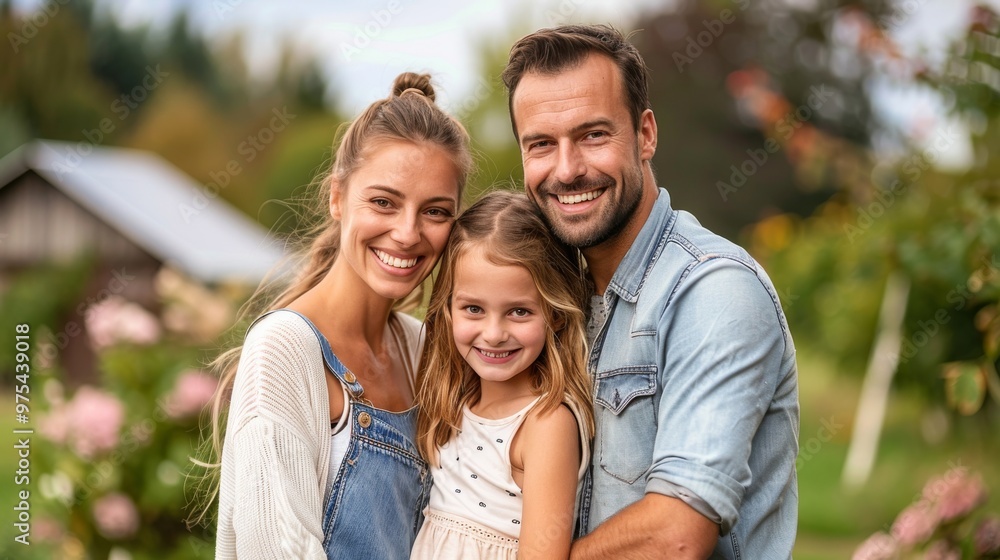 Sustainable Family Lifestyle: A young family consisting of a father, mother, and daughter standing together in their garden with a solar panel visible in the background Sustainable Family Lifestyle: A young family consisting of a father, mother, and daughter standing together in their garden with a solar panel visible in the background