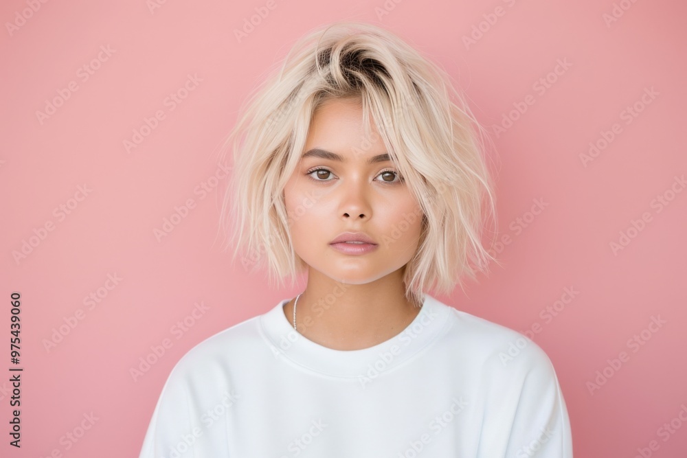 Trendy Young Asian Woman with Short Blonde Hair on Pink Background Trendy Young Asian Woman with Short Blonde Hair on Pink Background