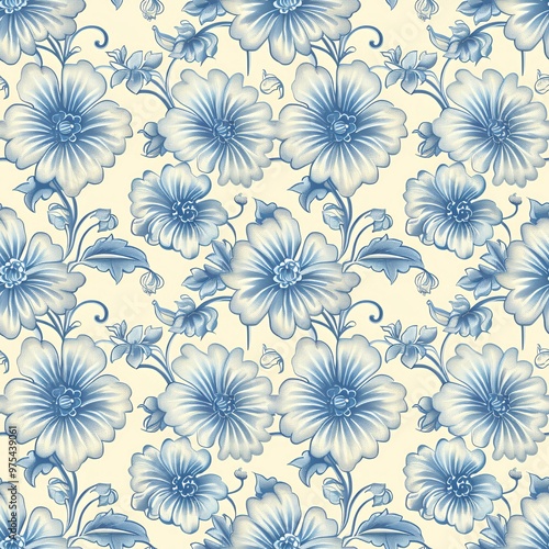 Blue floral pattern on a cream background.