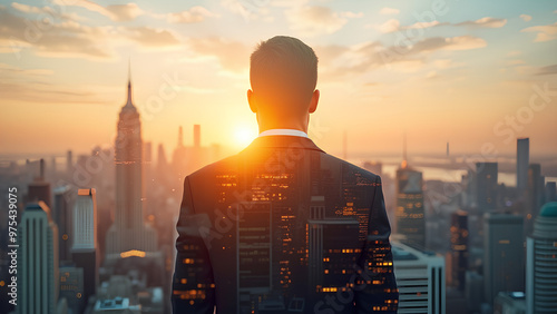 The double exposure image of the business man standing back during sunset overlay with cityscape image The concept of modern life, business city life and internet of things