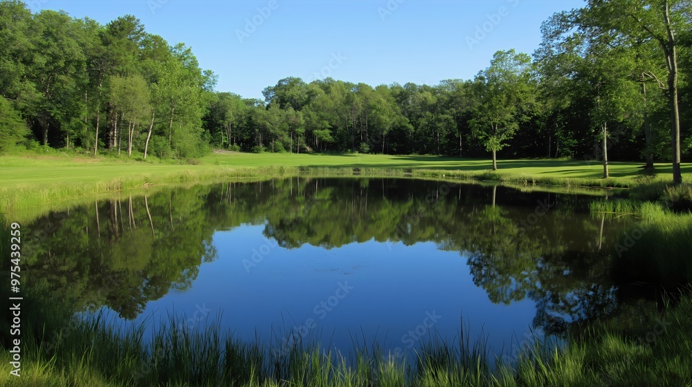 Fototapeta premium Beautiful Nature Landscape with Grassland, Lake Forest, Summer valley, Green Trees and Blue Sky, Mountain Reflections on River waters, Rural Countryside Meadows, Travel or Tourism, park environment