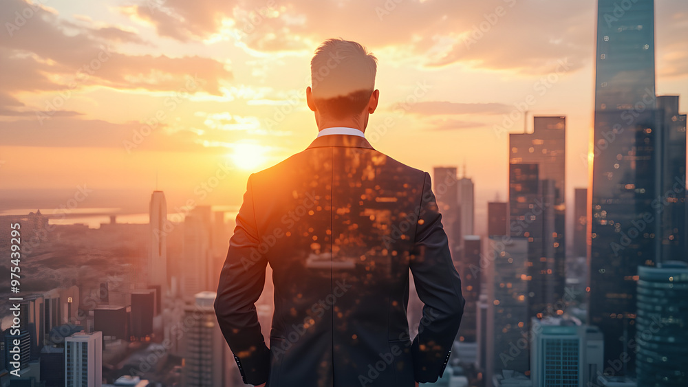 The double exposure image of the business man standing back during sunset overlay with cityscape image The concept of modern life, business city life and internet of things The double exposure image of the business man standing back during sunset overlay with cityscape image The concept of modern life, business city life and internet of things