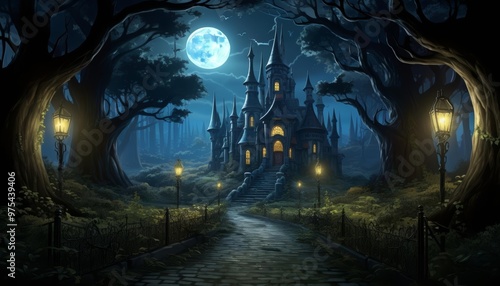 A full moon illuminating a path leading to a mysterious, ivycovered mansion in this gothic illustration