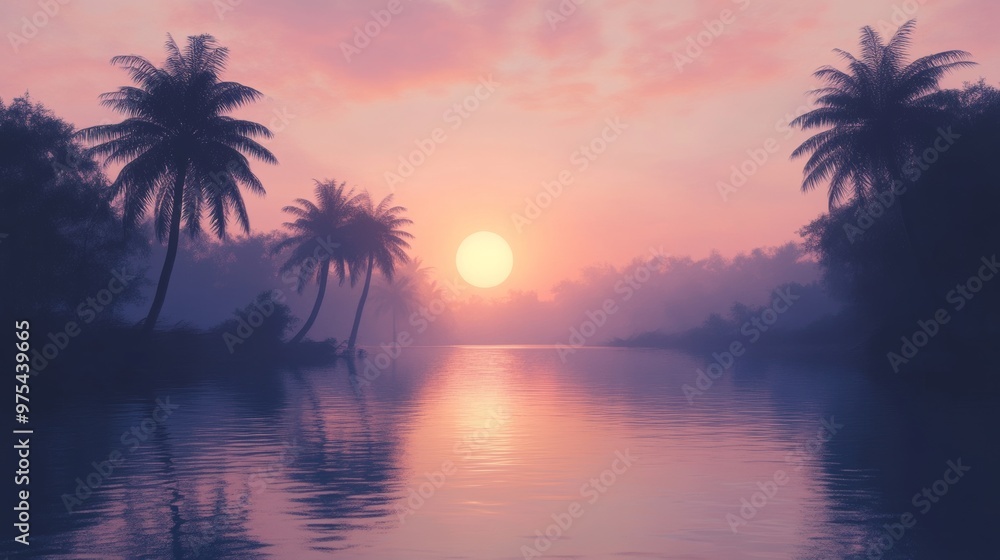 Sunset over tranquil tropical lake with palm trees, serene atmosphere. Nature beauty and relaxation concept Sunset over tranquil tropical lake with palm trees, serene atmosphere. Nature beauty and relaxation concept
