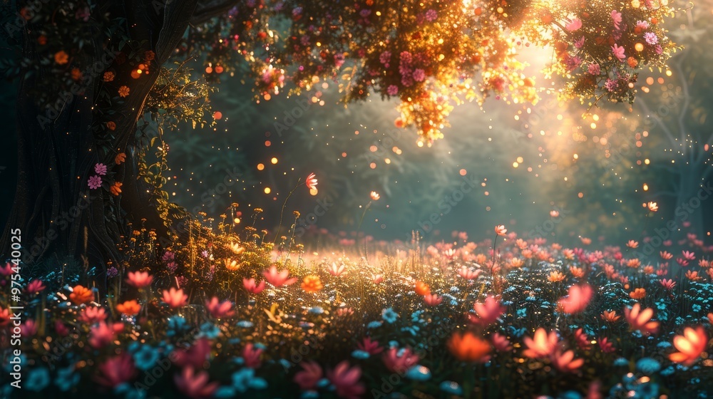 A magical forest clearing bathed in golden light, with a field of colorful flowers. A magical forest clearing bathed in golden light, with a field of colorful flowers.