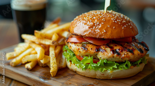 fresh and juicy grilled chicken burger with French fries on the wooden board, fast food advertising banner background