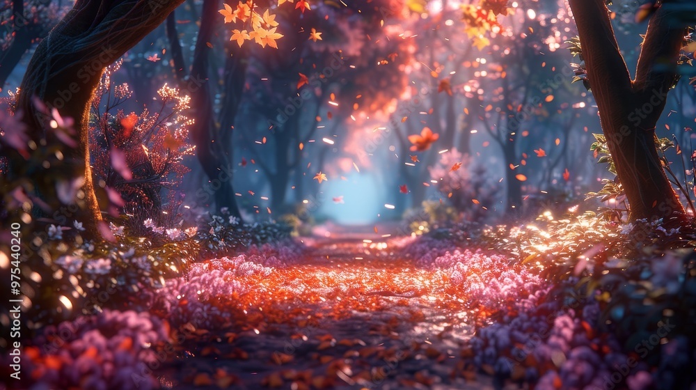 A magical forest path lined with vibrant flowers and glowing foliage. Light streams through the trees, creating a mystical atmosphere. A magical forest path lined with vibrant flowers and glowing foliage. Light streams through the trees, creating a mystical atmosphere.