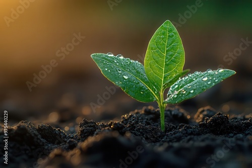 closeup of a tender green seedling emerging from rich soil with a glistening water droplet on its leaf warm sunlight bathes the scene symbolizing growth renewal and potential