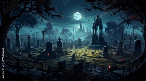 A full moon over a peaceful cemetery, the epitaphs glowing softly in this reflective illustration