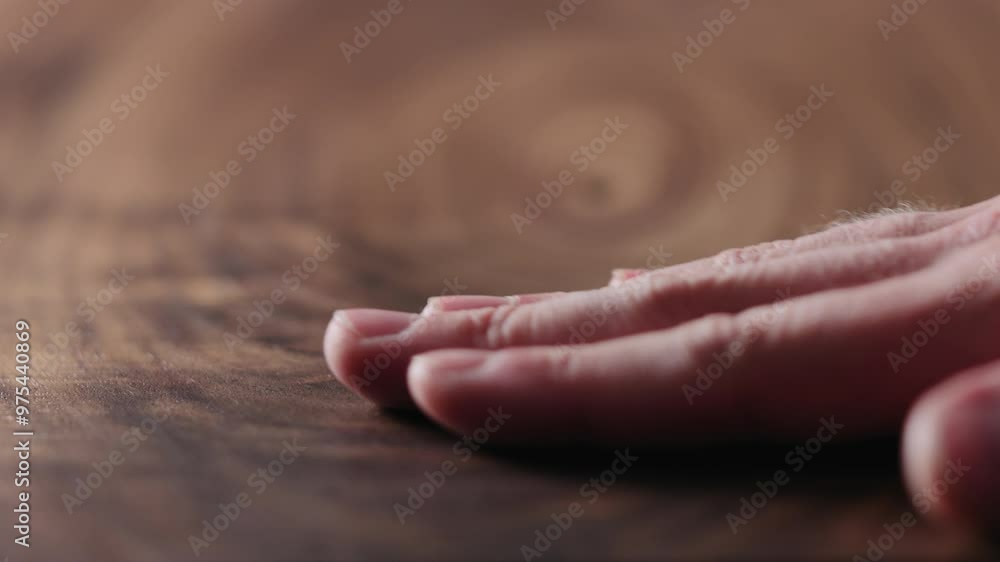 Slow motion man hand touch oil finished black walnut wood surface Slow motion man hand touch oil finished black walnut wood surface