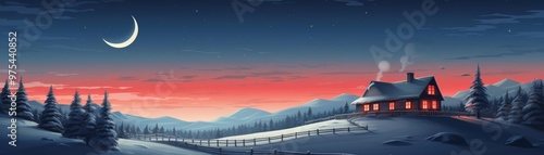 A full moon over a snowy cabin, smoke rising from the chimney, creating a cozy winter scene in this tranquil illustration photo