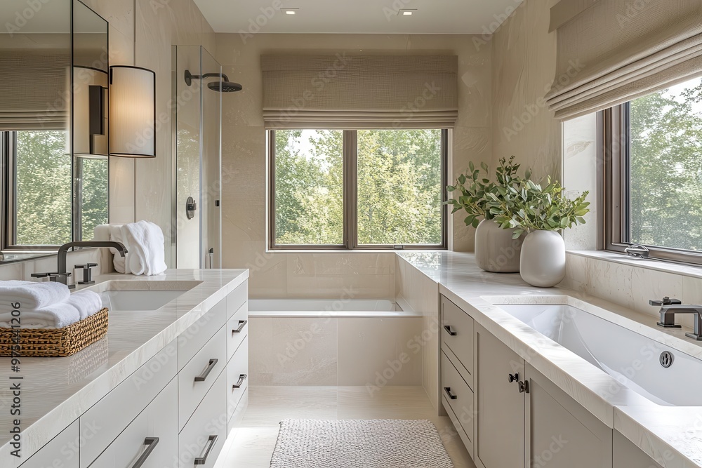 contemporary marble bathroom interior with dual sinks and large window sleek fixtures neutral color palette and natural light create a spalike atmosphere of relaxation and indulgence contemporary marble bathroom interior with dual sinks and large window sleek fixtures neutral color palette and natural light create a spalike atmosphere of relaxation and indulgence