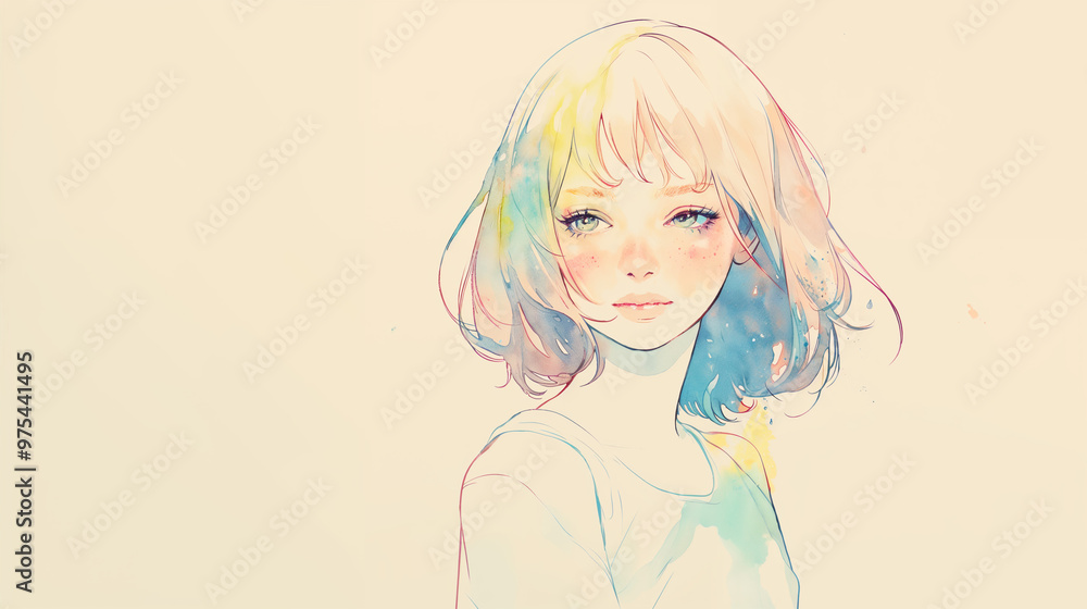 カメラ目線の女性の柔らかい水彩イラスト カメラ目線の女性の柔らかい水彩イラスト