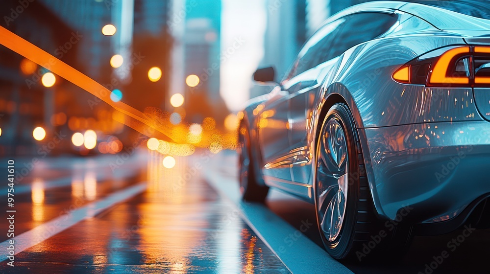 modern car in a city environment, electric lines of power extending up to the sky from the car