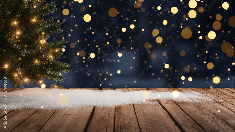 A wooden desktop podium with snow background in winter night, in the vibes of Christmas, background for e-commerce merchandise presentation A wooden desktop podium with snow background in winter night, in the vibes of Christmas, background for e-commerce merchandise presentation