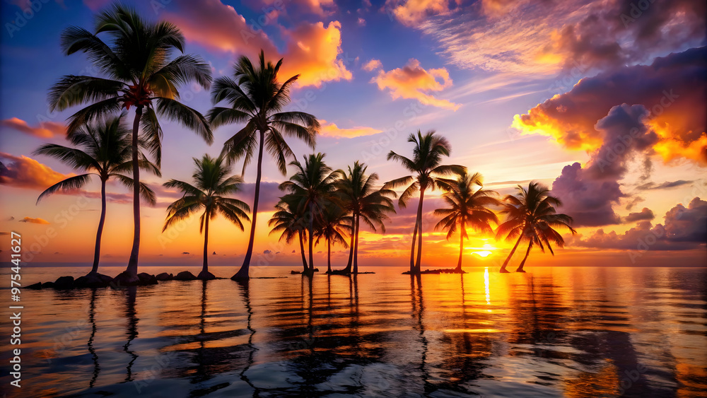 Peaceful tropical scene with palm trees and a colorful sunset.
Breathtaking sunset over a calm ocean with palm trees. Peaceful tropical scene with palm trees and a colorful sunset.
Breathtaking sunset over a calm ocean with palm trees.