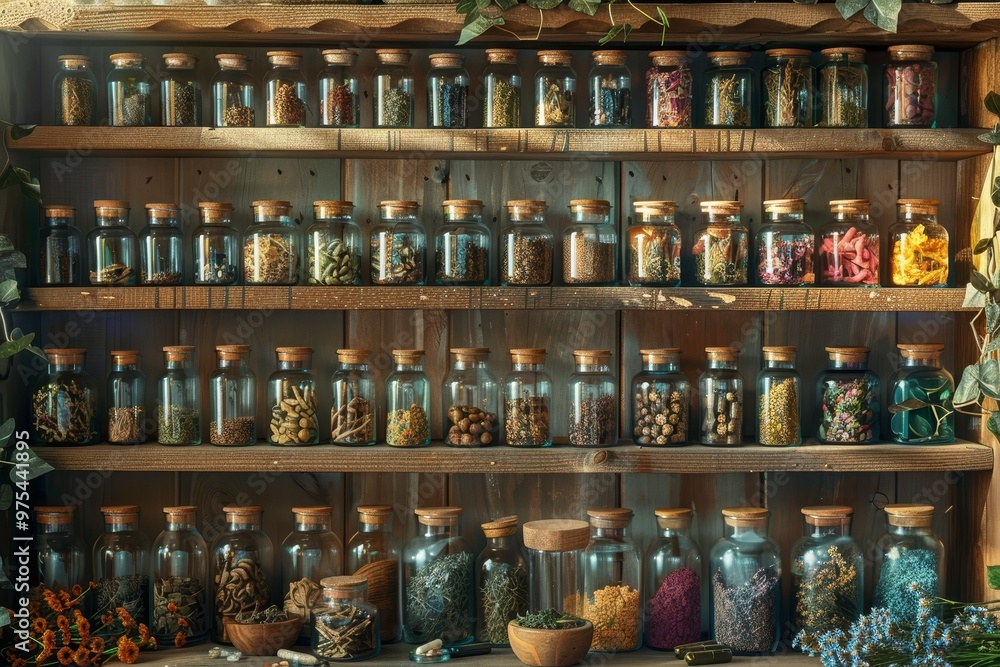 A rustic wooden shelf filled with glass bottles containing various herbs, spices, and dried flowers. The bottles are arranged in a symmetrical pattern. A rustic wooden shelf filled with glass bottles containing various herbs, spices, and dried flowers. The bottles are arranged in a symmetrical pattern.