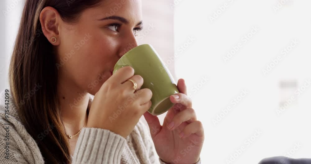 Happy woman, coffee and thinking in relax for morning, wakeup or caffeine on living room sofa at home. Female person smile with cup of tea, latte or cappuccino in satisfaction for warm drink at house Happy woman, coffee and thinking in relax for morning, wakeup or caffeine on living room sofa at home. Female person smile with cup of tea, latte or cappuccino in satisfaction for warm drink at house